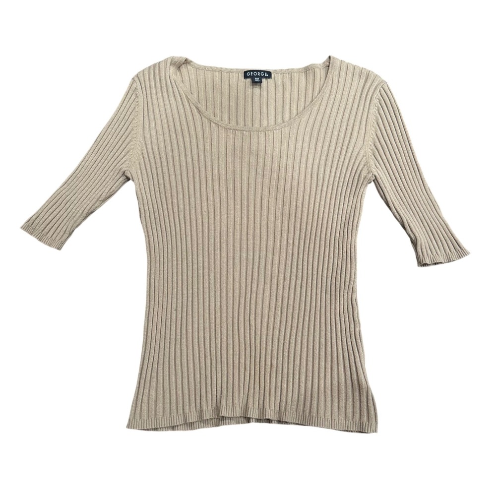 George Womens Ribbed Scoop Neck Elbow Sleeve Top Dune Beige Small 4-6 GL11305